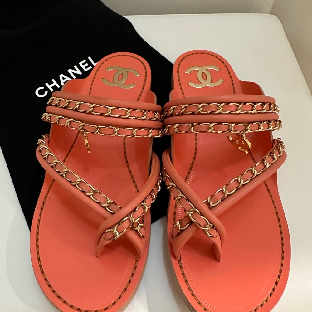 Chanel Salmon Coral Thong Sandals with Gold Chains
